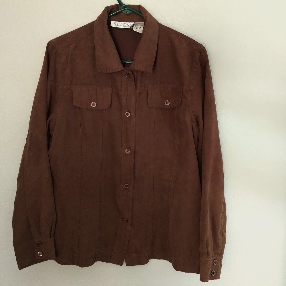 Selene Brown Faux Suede buttoned collared shirt Women's Large (L)